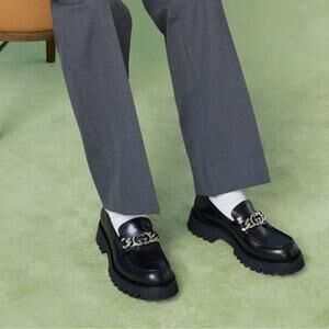 Gucci Interlocking G Chain 10.5/ US 11 Loafers Black Leather Lug Sole Shoes NIB